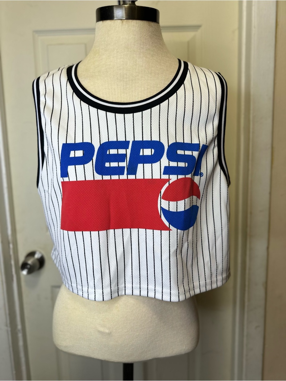 Pepsi White Pinstripe Tank Top with Blue & Red Logo Size XL